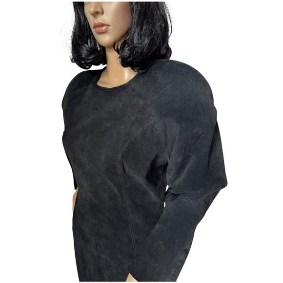 Vintage 80's Cedars Black Suede Batwing Sleeve round neck Midi Dress small - Picture 9 of 16